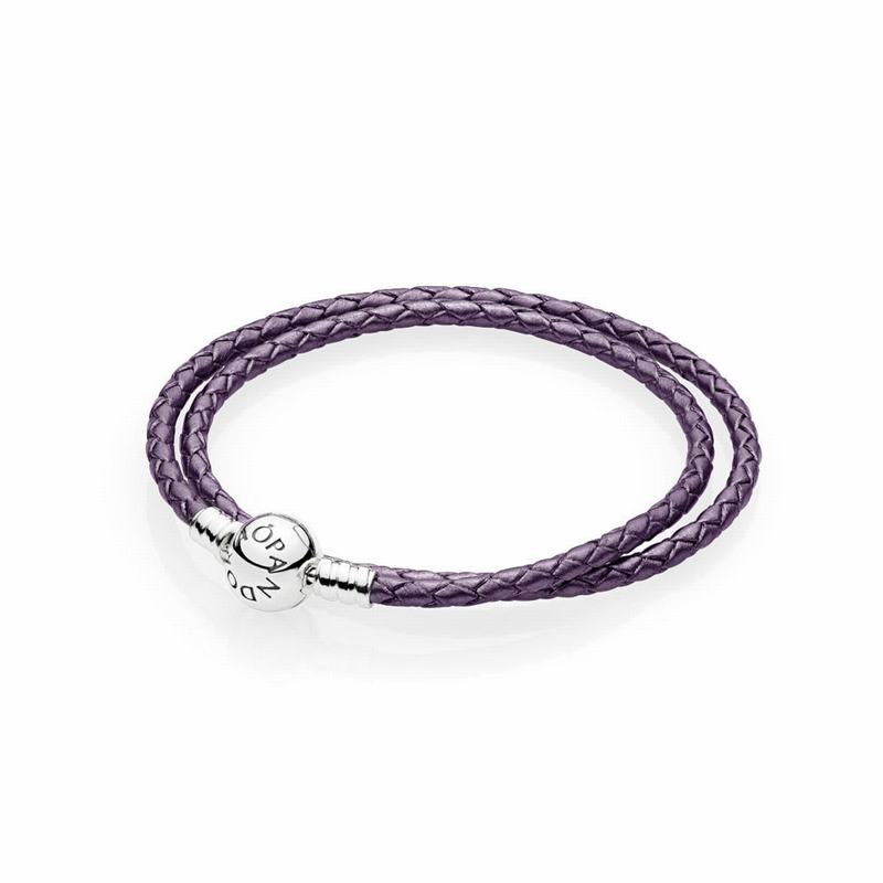 Pandora Purple Braided Double-leather Charm Bracelet Ireland - Sterling Silver/Leather/Purple - 3916